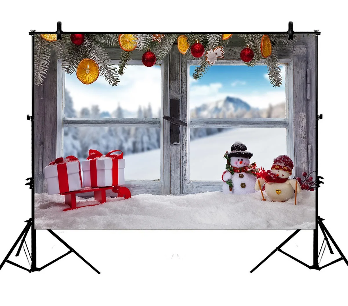 

5x7ft Christmas Winter Snow Gifts Cartoon Snowman Pine Forest Polyester Photo Background Portrait Backdrop