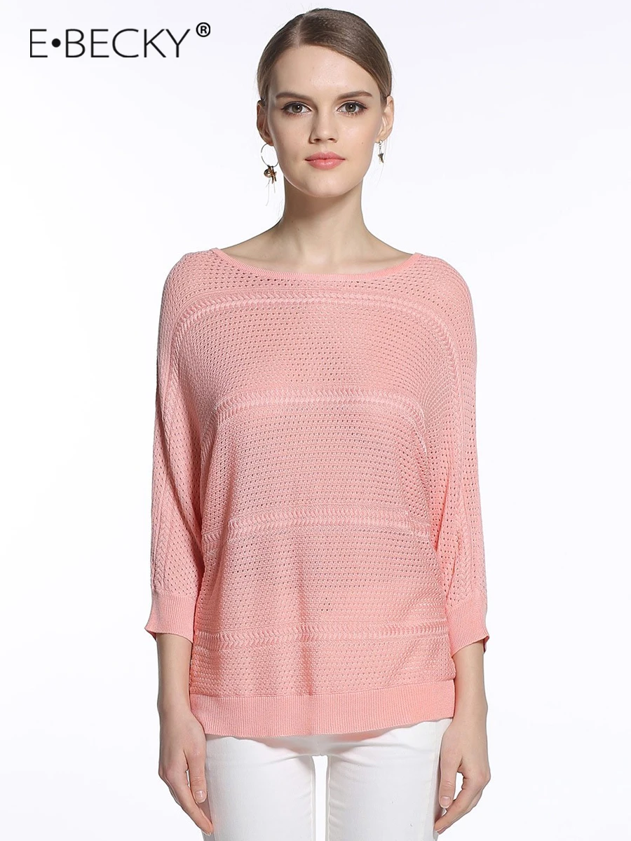 E.BECKY Pink Three Quarter Sleeve Shirt Women Solid Hollow Pullover Summer Spring Mint Color Mesh Top Long Sleeve Women Clothes