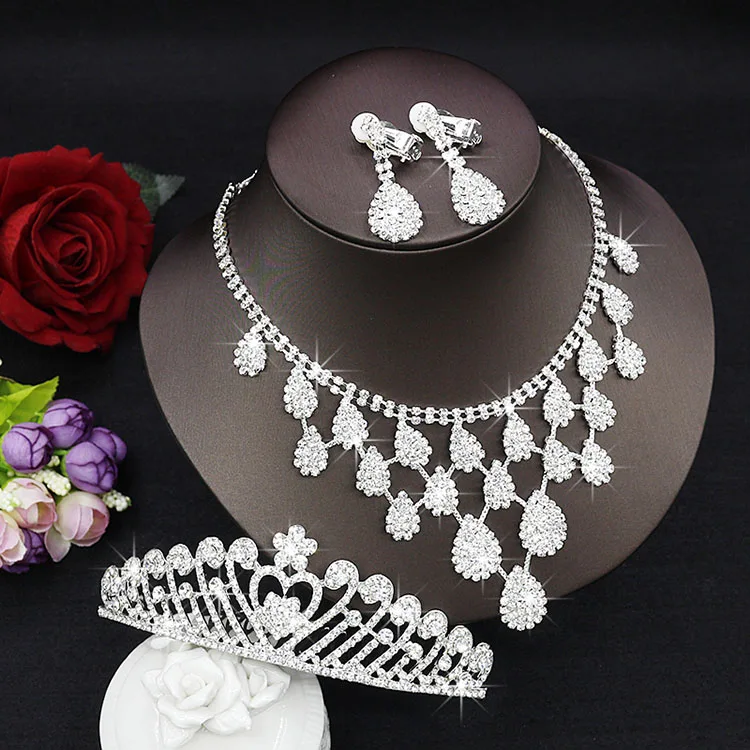   Cristal Conjunto De Jóias de Noiva Gota de Lágrima Strass Luxuoso Declaração Bib ColarBrincoacessórios do casamento Tiara  (11)