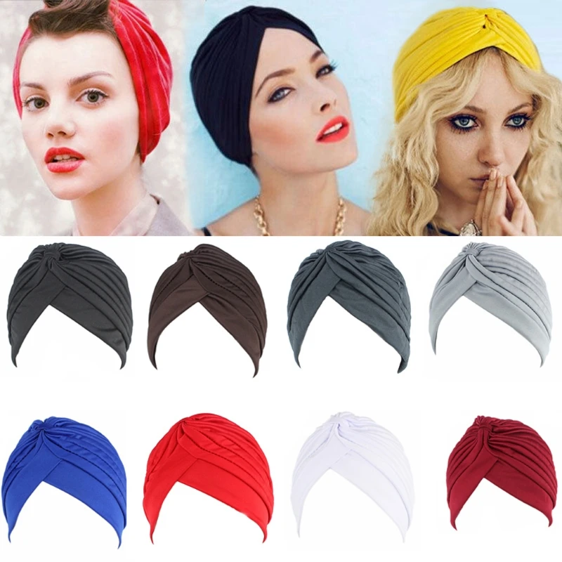 Lady Stretchy Turban Head Wrap Band Chemo Hijab Pleated Indian Cap Purple