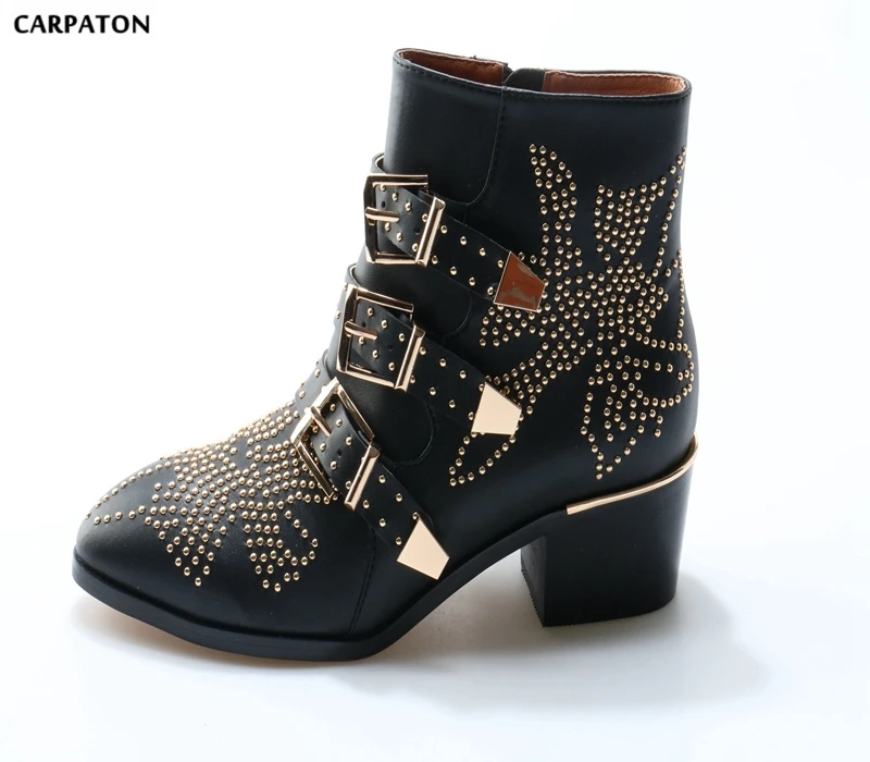 

Carpaton Newest Pointed Toe Square Heels Rivets Studded Buckle Strap Leather Ankle Boots 2018 Woman Riding Boots Short Boots