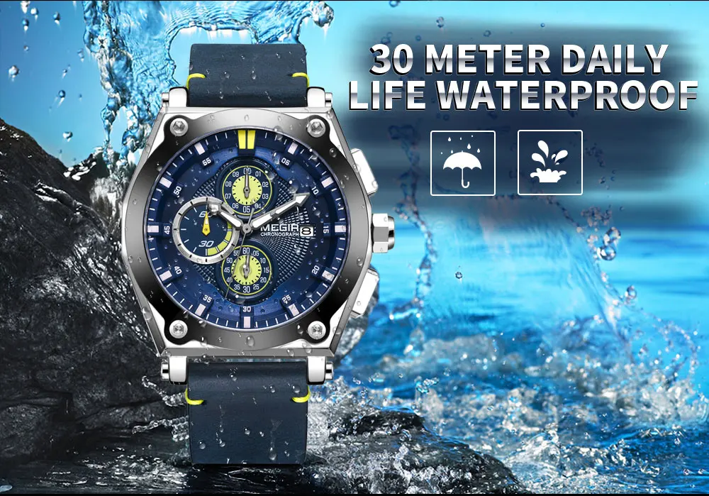 Megir Мужские кварцевые часы с кожаным ремешком, армейские спортивные Водонепроницаемые наручные часы с хронографом для мужчин, светящиеся часы Relogios, 2098 синий цвет