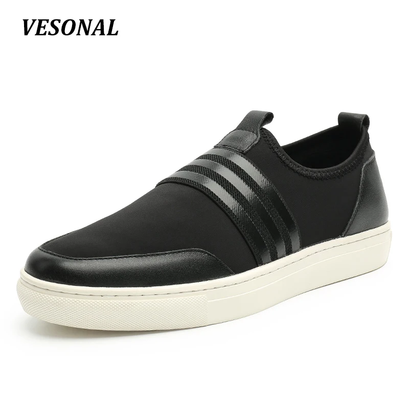 

VESONAL 2017 Genuine Leather Fabric Patchwork Slip On Loafers Men Shoes Fashion Personality Stripe Mens Shoes Casual SD6092