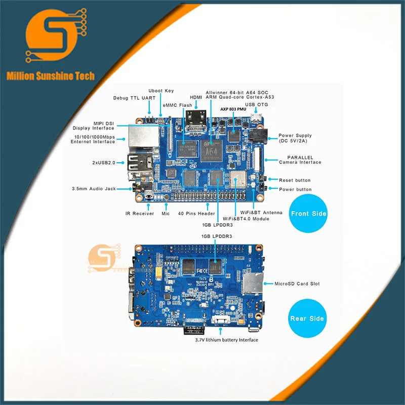 Banana pi BPI-M64 четырехъядерный 64 бит SBC с allwinner A64