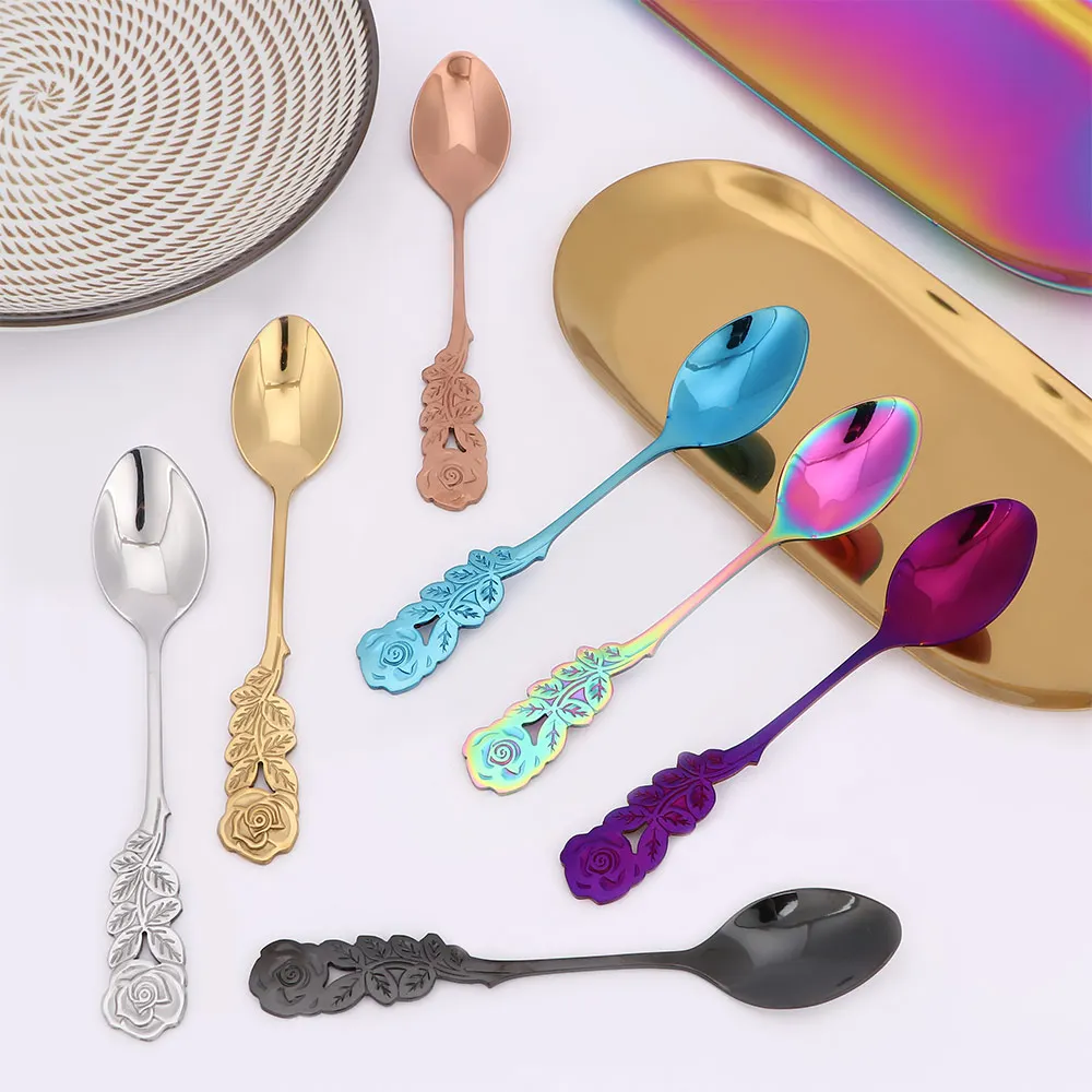 

Flower Handle Coffee Spoon Stainless Steel Gold Plated Small Mini Long Handle Tea Spoon Durable Kitchen Tableware