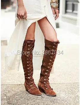 

SHOOEGLE Knee High Cowboy Boots Cross Tied Up Chunky Heels Distressed Long Boots Bohemia Tall Booties Fall Winter