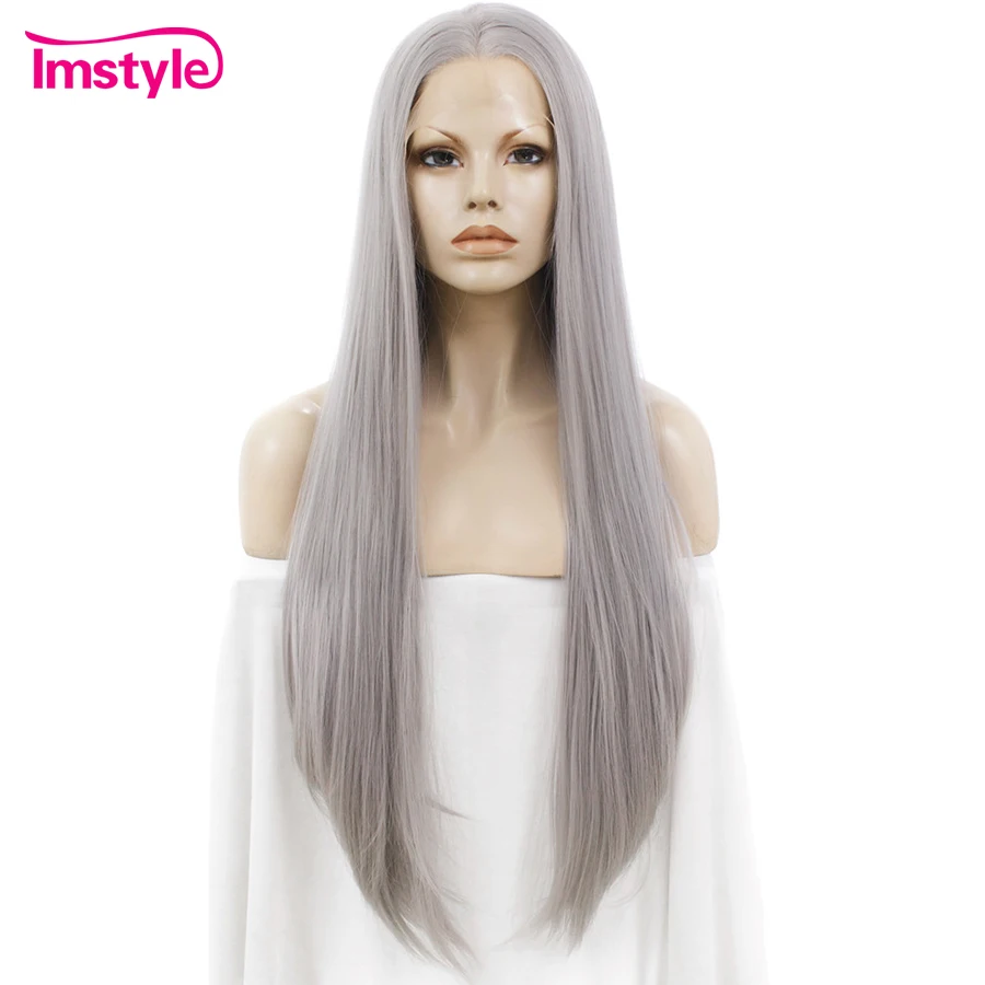 

Imstyle Lace Front Wig Straight Grey Long Wigs For Women Heat Resistant Fiber Synthetic Lace Wig Gray Natural Hair Lady Cosplay