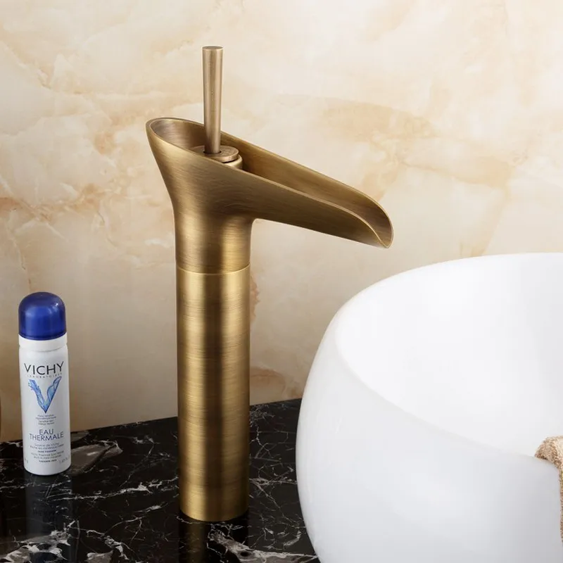 Antique Brass Bathroom Basin Faucet Waterfall Spout Mixer Tap Deck Mount Single Hole Mixer Tap KD738 Antique Brass Bathroom Basin Faucet Waterfall Spout Mixer Tap Deck Mount Single Hole Mixer Tap KD738