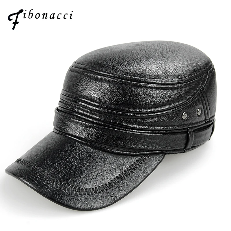 

Fibonacci middle aged men's baseball cap brand quality black leather patchwork winter caps adjustable flatcap adult dad hat