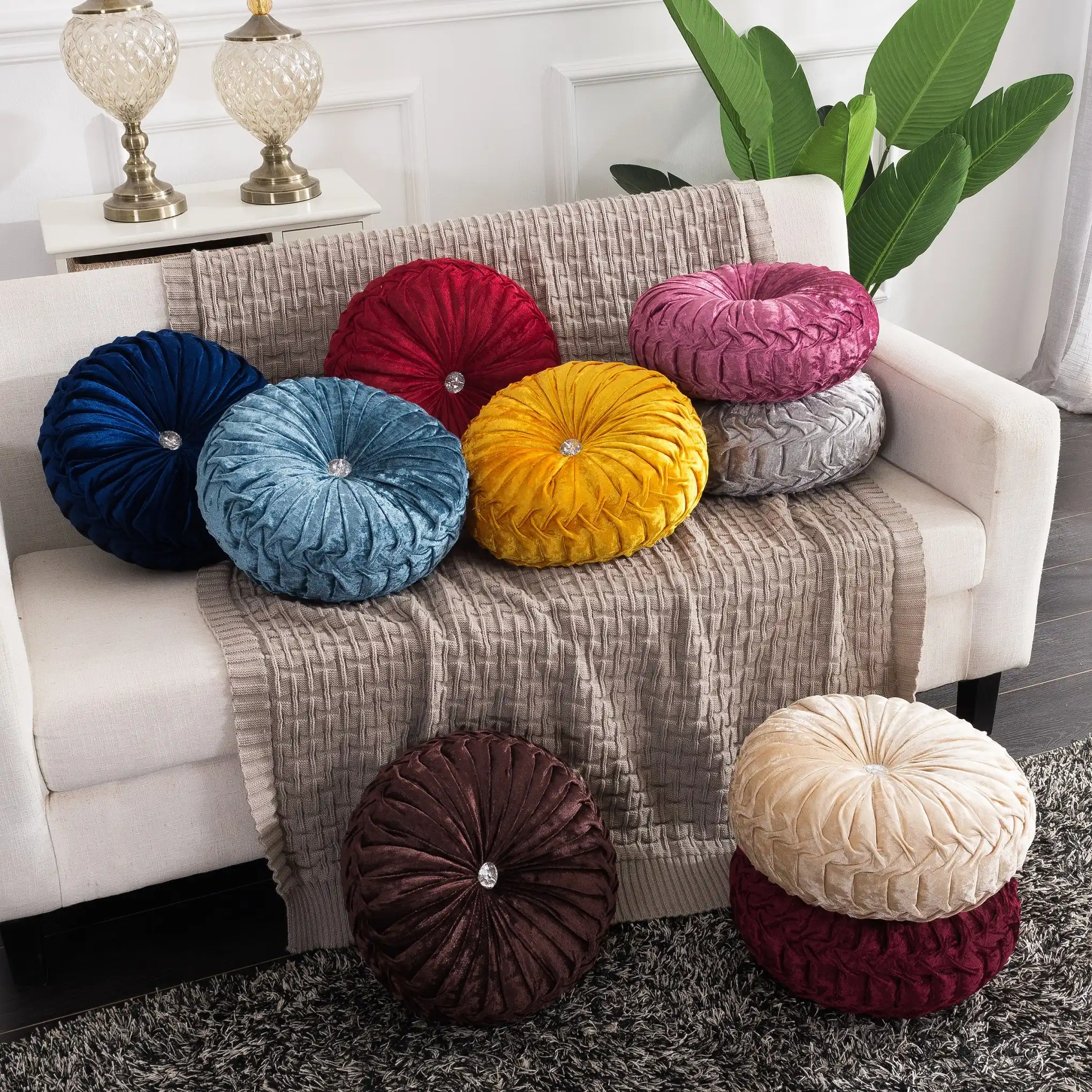 BATEER Round Floor Pillow Chair Cushion Couch Velvet Pleated Pumpkin Throw Pillow for Home Bed Car Decor Ship from USA