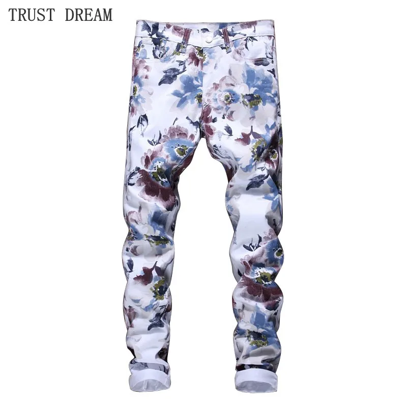 

Spring Summer 2018 Paris Style Men Colorful Flower Slim Jeans 3D White Print Man Street Party Personal Jeans Real Pictures