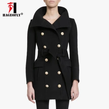 

New Winter Black Wool Blends Coat 2018 Designer Women Double Breasted Lion Buttons Long British Belt Slim Coat Overcoat Blends