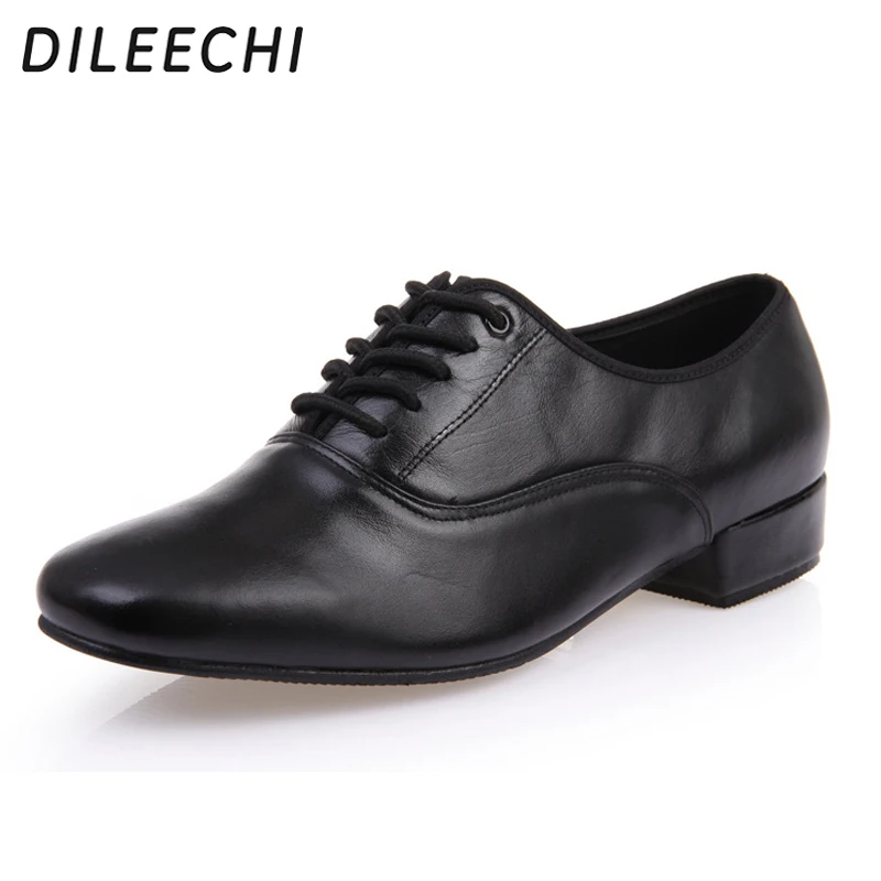 DILEECHI/Мужская Современная танцевальная обувь; черная натуральная кожа; резиновая подошва или мягкая подошва; Бальные Танцевальные Туфли на низком каблуке 2,2 см