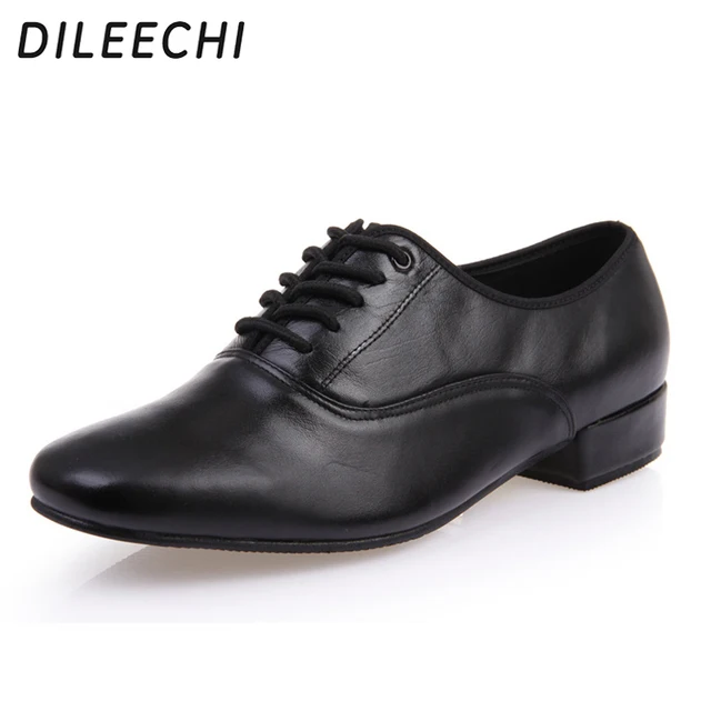 DILEECHI Men's modern dance shoes Black Genuine Leather Rubber sole or soft outsole Ballroom