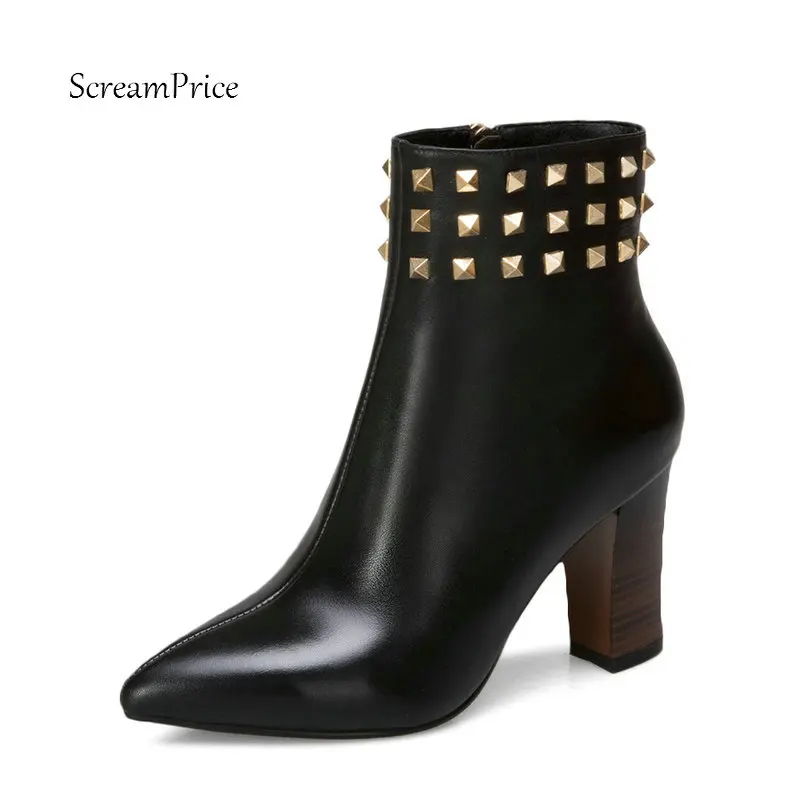

Ladies Genuine Leather Thick High Heel Rivet Ankle Boots Fashion Pointed Toe Zipper Fall Winter Bootis Black Beige
