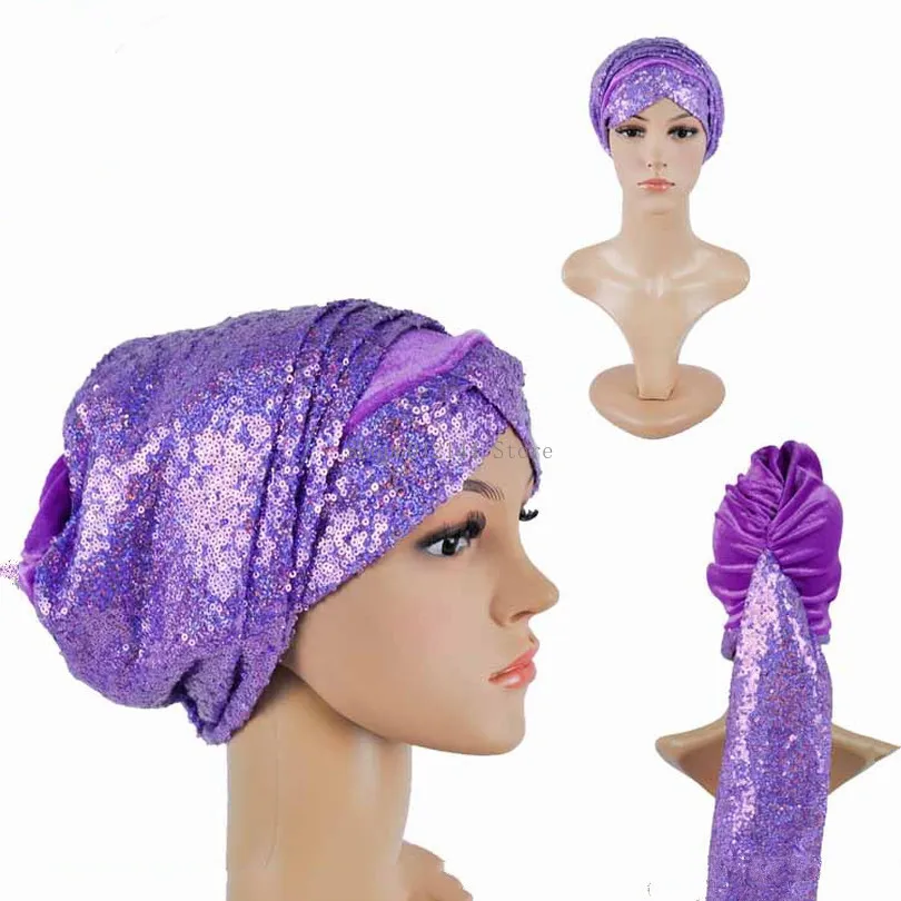 

African Sequince Heatie Scarf Turban Indian head Gele with Sequins Elegant Velvet Turban for Women Headtie
