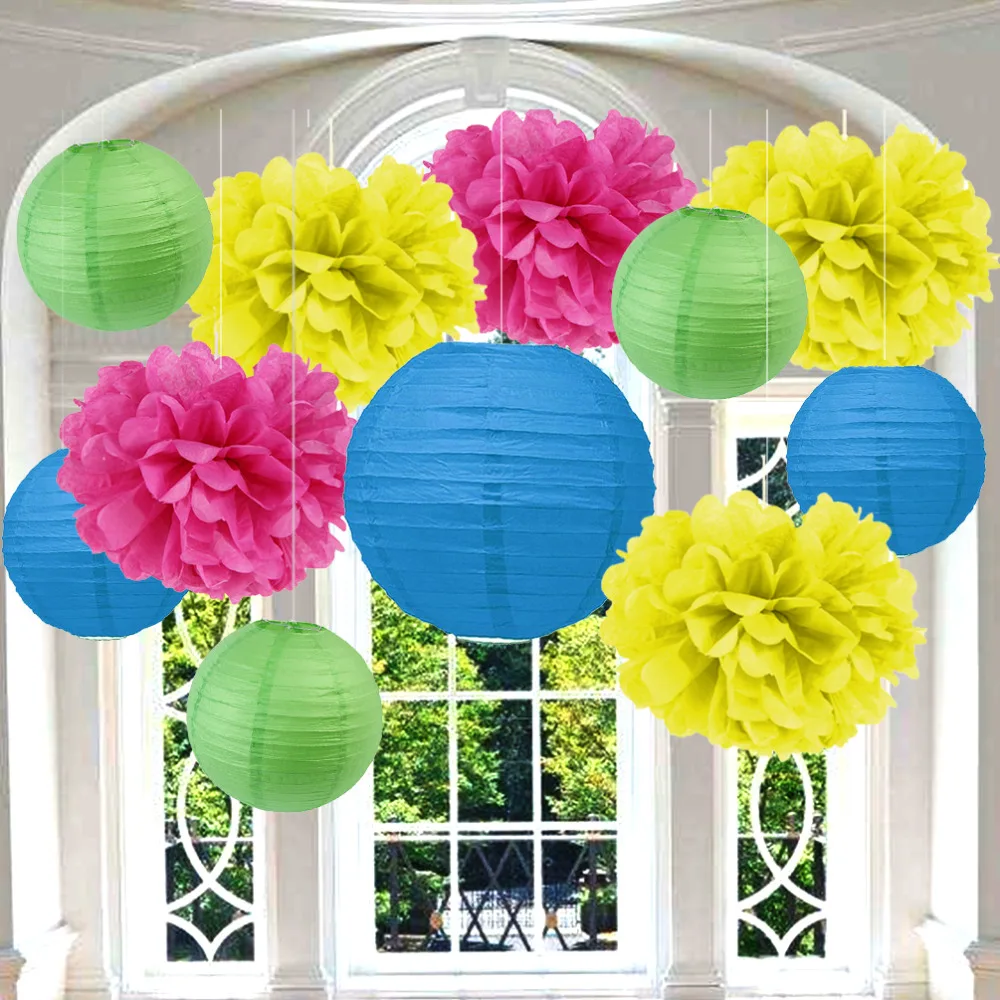 (Pink,Blue,Yellow) Party Decoration Set Paper Crafts (Paper Lantern,Pom