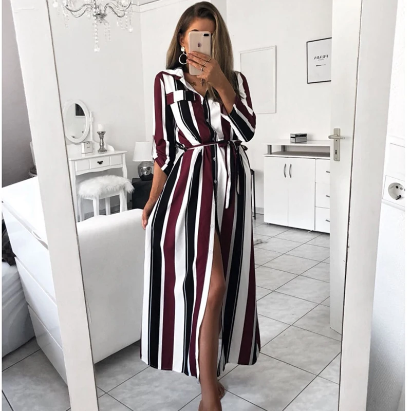 

2019 Office Lady Turn-Down Collar Button Lace Up Long Shirt Dress Women Autumn Spring Long Sleeve Stripe Maxi Dresses