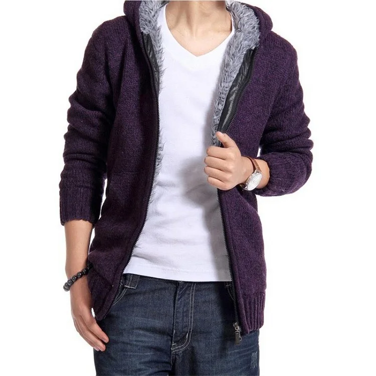 Брендовый кардиган, мужской свитер, модный однотонный толстый теплый свитер, мужской повседневный зимний свитер с капюшоном с меховой подкладкой, Рождественский свитер - Цвет: type one purple