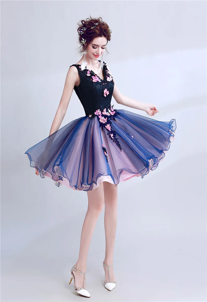 Фиолетовое сексуальное бальное платье v-образным вырезом кружева Цветы Аппликации Жемчуг Короткие вечерние платья невесты банкет Вечеринка Выпускной платье XK54