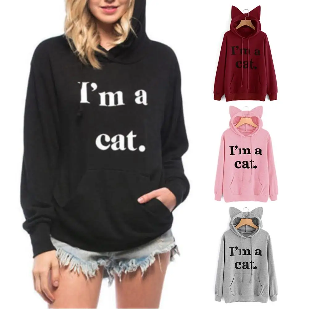 

Kawaii Letter Cat Ear Cap Hoodies Women I AM A CAT Print Loose Hooded Sweatshirts 2018 Cute Long Sleeve Pullovers Feminino Tops