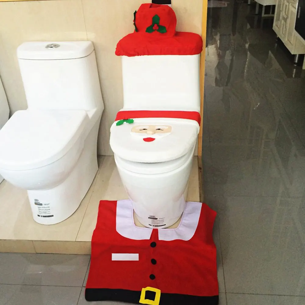 Santa Claus Bathroom Toilet Seat Cover Set With Rug Tank &Tissue Box Cover, Shower Room Christmas Festival Decor Accessories.