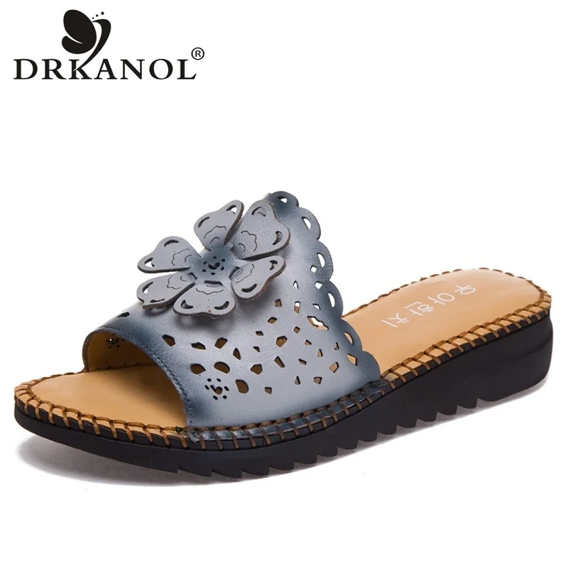 DRKANOL Vintage Handmade Genuine Leather Women Slippers Summer Shoes
