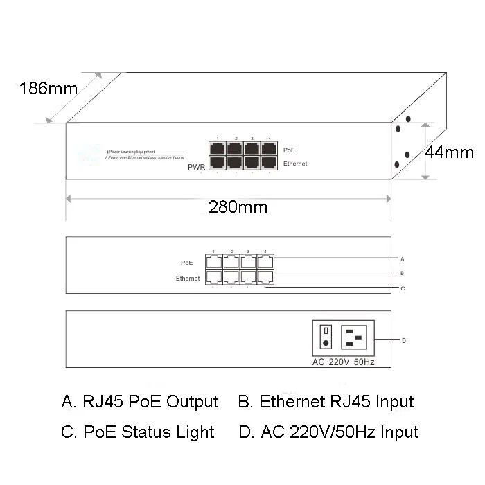 4 Порты и разъёмы гигабитный poe-инжектор Мощность over Ethernet пассивный 1000 Мбит/с 802.3at LAN