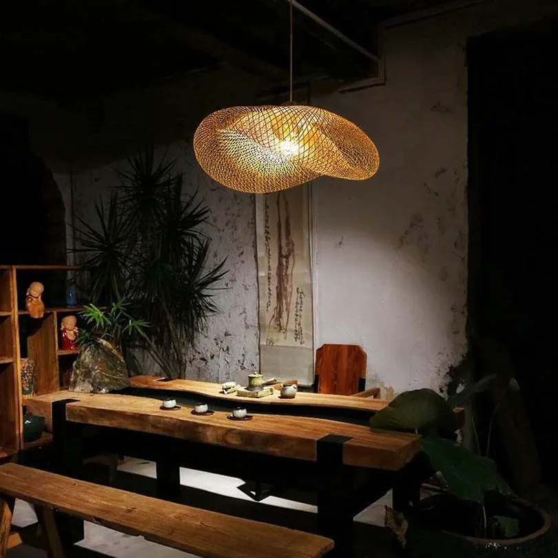 

Vintage Handmade Bamboo Weaving Pendant Lights Countryside Restaurant Hanging Lamps LED Pendant Lamps Kitchen Light Fixtures