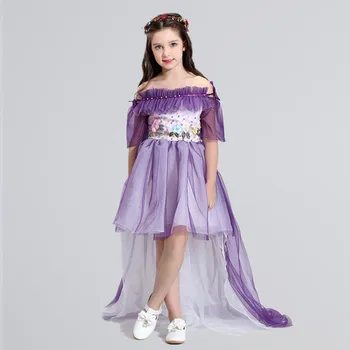 

Fashion New Girl Wedding Dress Purple Lace Shoulderless Flower Girl Dress Princess Long Trailing Party First Communion Dresses
