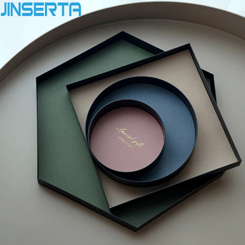  JINSERTA PU Leather Metal Storage Tray Jewelry Display Plate Necklace Ring Earrings Cosmetic Tray C