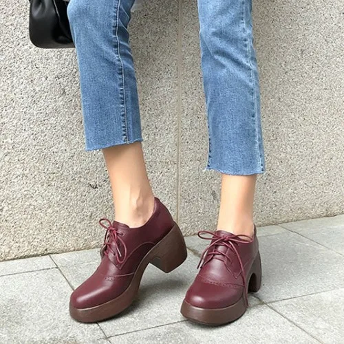 

PXELENA Vintage Punk British Brogue Shoes Thick Chunky Block High Heels Pumps Square Toe Wing tip Gothic Creepers Derby Shoes