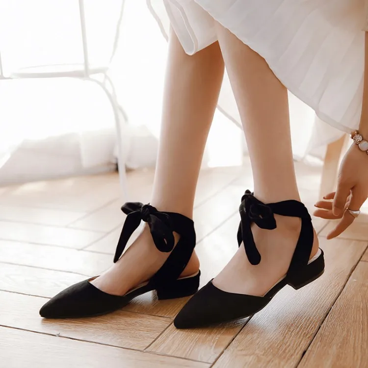 

Big Size 11 12 13 high heels sandals women shoes woman summer ladies Suede pointed shallow intersection tie bow thick heel