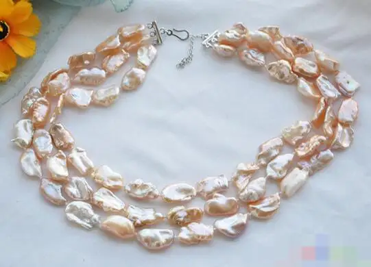 

song voge gem nanJ0485 3row PINK BAROQUE KESHI REBORN biwa PEARL NECKLACE