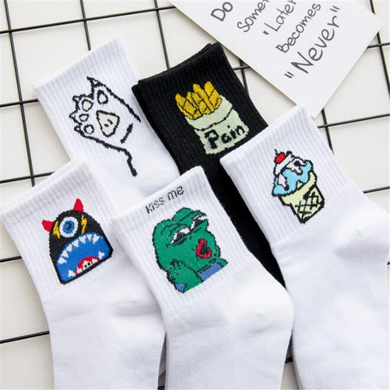 New Fashion Womens Cartoon Monster Ice Cream Print Cotton Long Crew Socks Skateboard Hip Hop High Quality 5PAIRS | Женская одежда