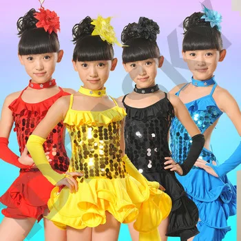 costume dance fringe sequin kids skirt gold red ballroom Newest Sexy Lace Kids Tango girls salsa sequin dress Latin Children