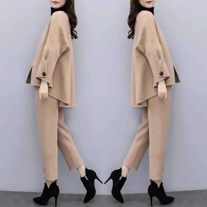 Camel Woolen Two Piece Set Women Winter Long Sleeve Tops And Pants Trousers Sets Suits Office 2 Piece Set Women's Sets Black
