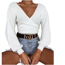 Осенне-зимние свитера, топы, свободный тонкий свитер, пуловер, повседневная однотонная Модная белая женская одежда с длинным рукавом и v-образным вырезом