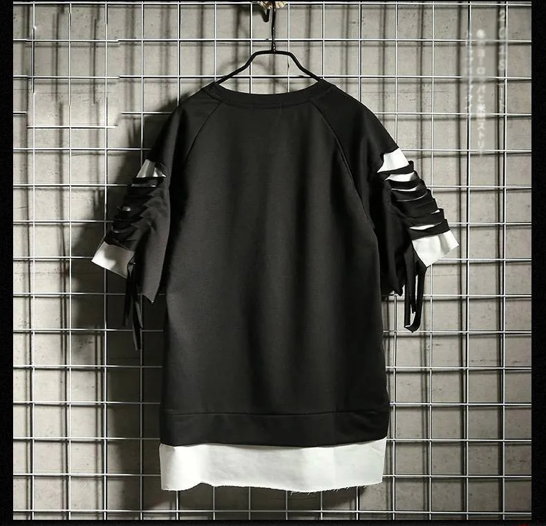 Idopy корейская мода для мужчин уличный стиль рваные пуловер проблемных Поддельные 2 шт. подол хип хоп кофты футболки