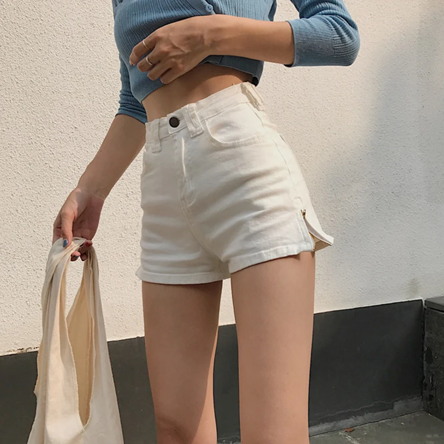 

Summer Korean Version Solid Color Split Denim Shorts Ladies A Word Side Zip Shorts Girl High Waist Slim Fashion Shorts Girls