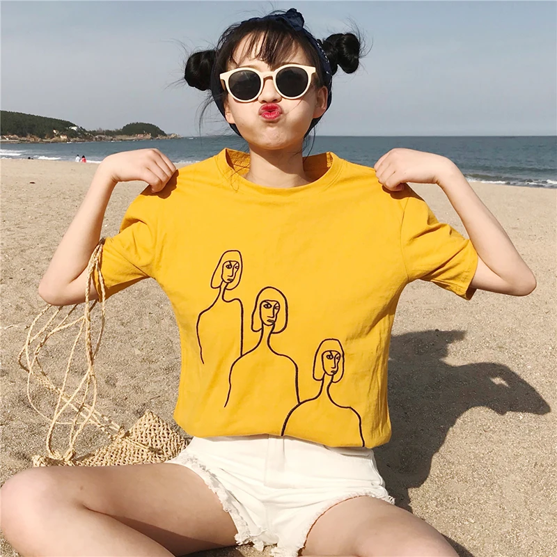 

Funny T Shirts Women Harajuku Kawaii Special Simple Chic Embroidery Summer Top Femme Fashion Lady Yellow White New Korean Tshirt