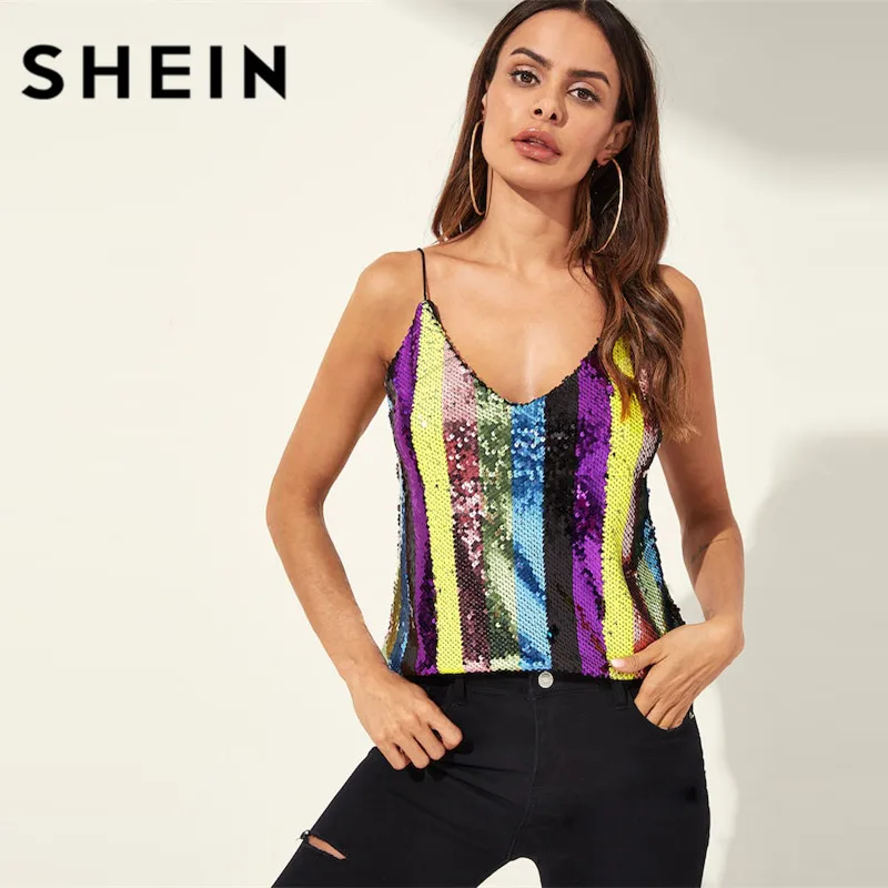 SHEIN متعدد الألوان معدني الترتر مزدوجة V الرقبة كامي أعلى دون Bralette النساء الخريف ليلة خارج عارضة سترات الشارع الشهير للنساء