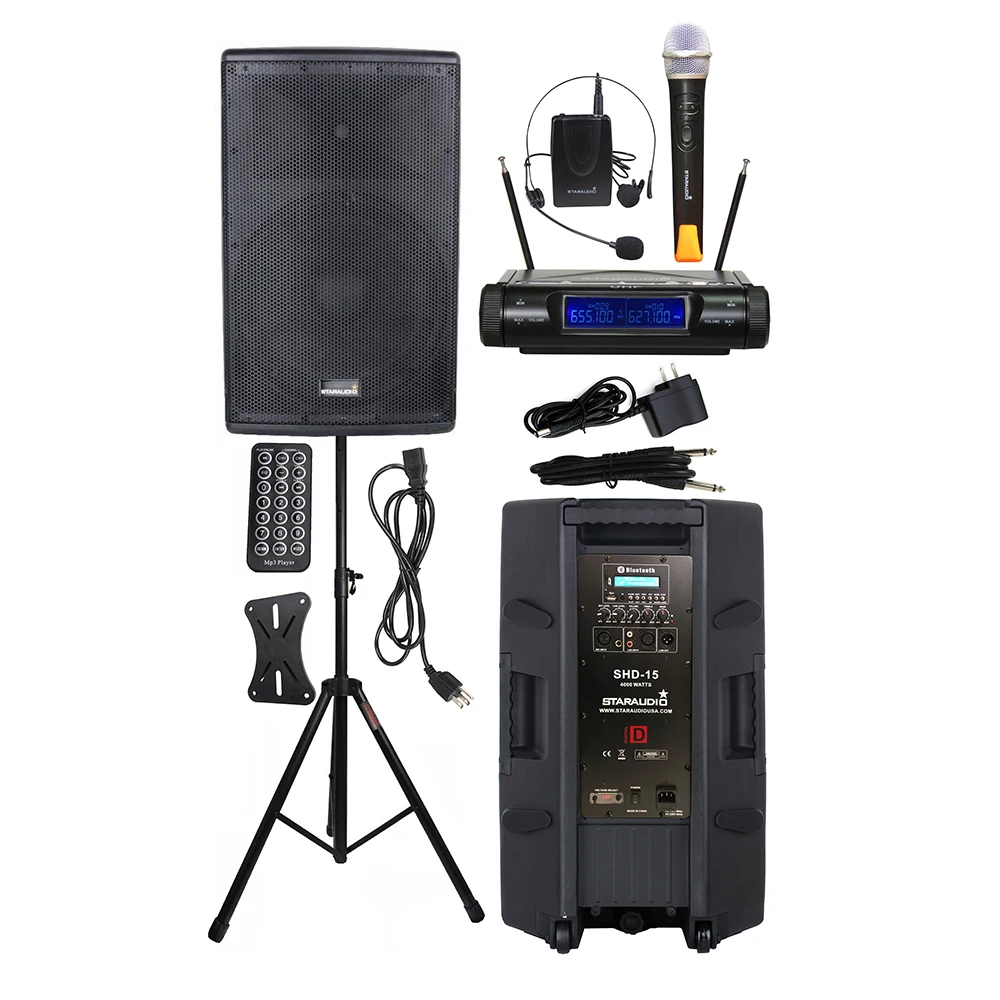 

STARAUDIO 15" 4000W Powered DJ PA Speaker Party Active Speaker Stand 2 Channel Wireless UHF Handheld Headset Microphone SHD-15