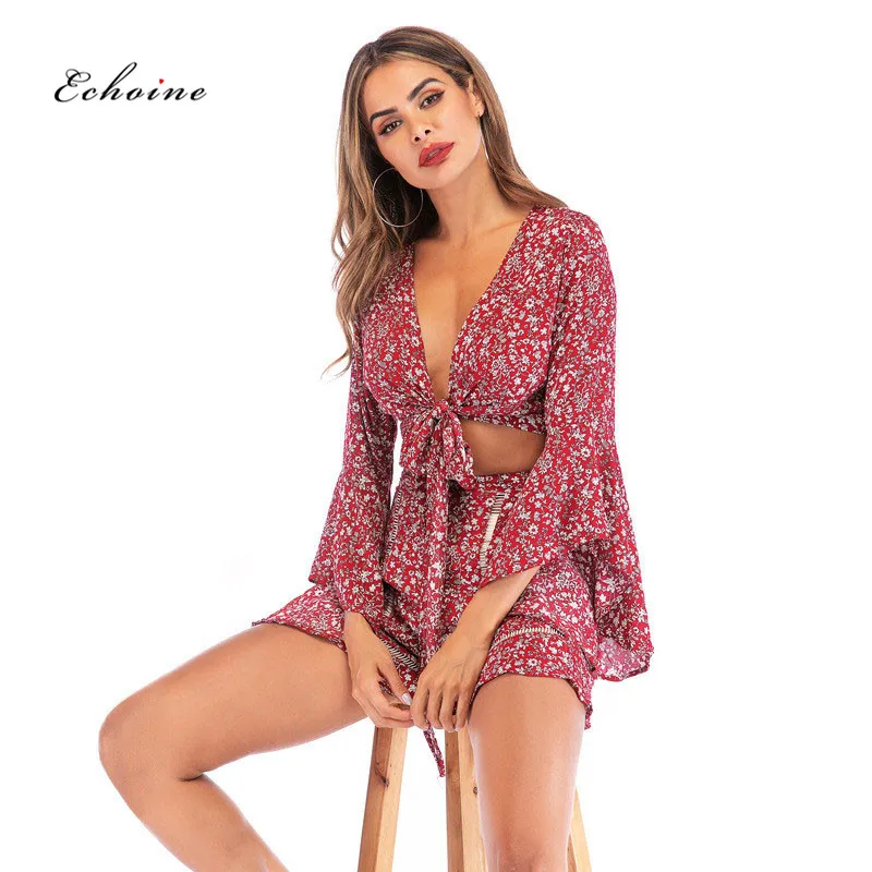 

Echoine Women 2 Pcs Set Sexy V-Neck Bow Knot Floral Print Chiffon Crop Tops Flare Sleeve Short Pants Casual Street Suit Clothes