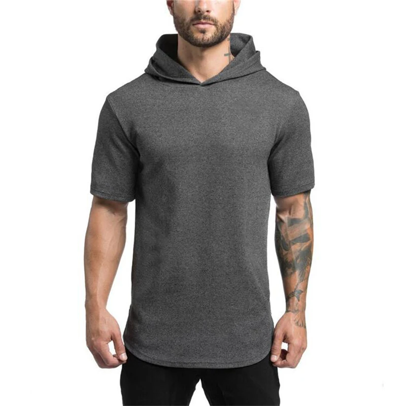 Новая Однотонная футболка с капюшоном для фитнеса, Мужская Уличная Однотонная футболка с коротким рукавом для бодибилдинга, облегающая футболка для тренажерного зала, футболка homme - Цвет: gray