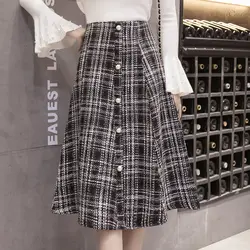 2018 осень женская одежда Корейский темперамент Высокая талия решетки длинные юбки шерсть однобортный ногтей шарик половина юбка