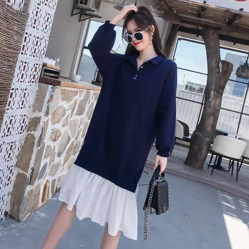 

2018 autumn and winter new maternity dress stitching long cotton pregnant women loose dress