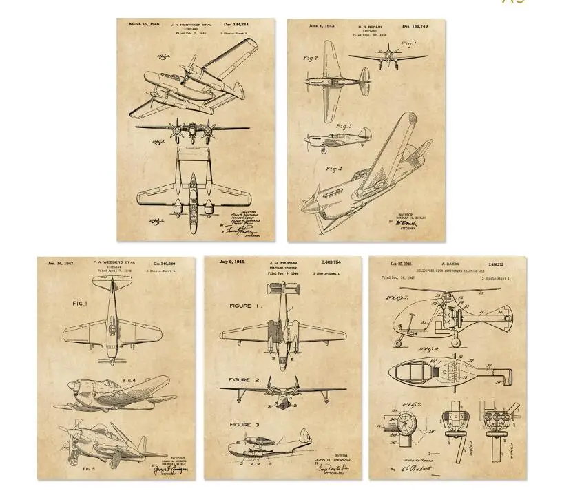 Винтажный запатентованный арт G2 Второй мировой войны самолет постер наборы 5 в 1 самолет детский самолет стены искусства классический самолет - Цвет: parchment