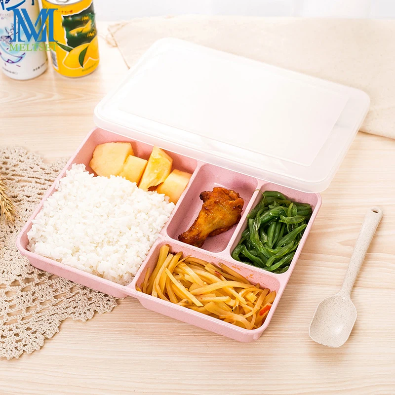 

2018 New Lunch Box with Spoon Eco friendly Wheat Straw Bento Box 4 Grids Food Storage Lunch Tableware Boxes Microwave Save