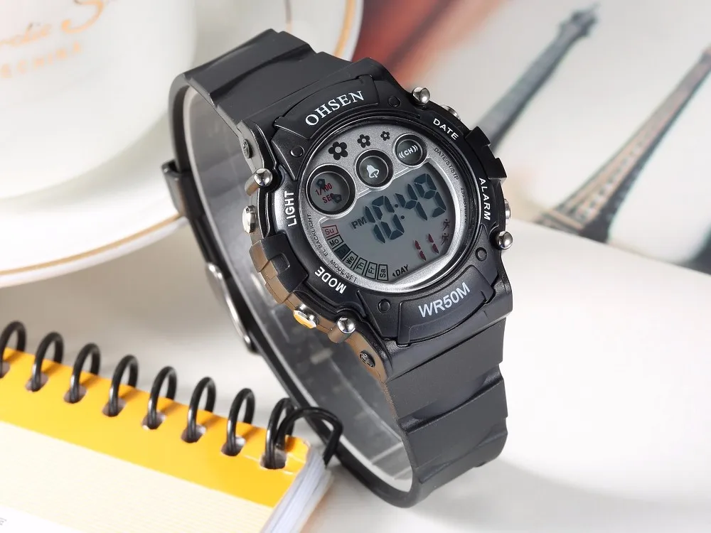 OHSEN цифровой бренд светодиодный часы для мальчиков черный силиконовый ремешок 50 м водонепроницаемый крутой студенческий детский модный